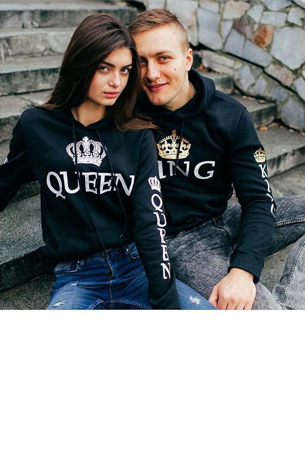 Queen & King Full Printed Couple Hoodies - Black - Sixth Degree Clothing